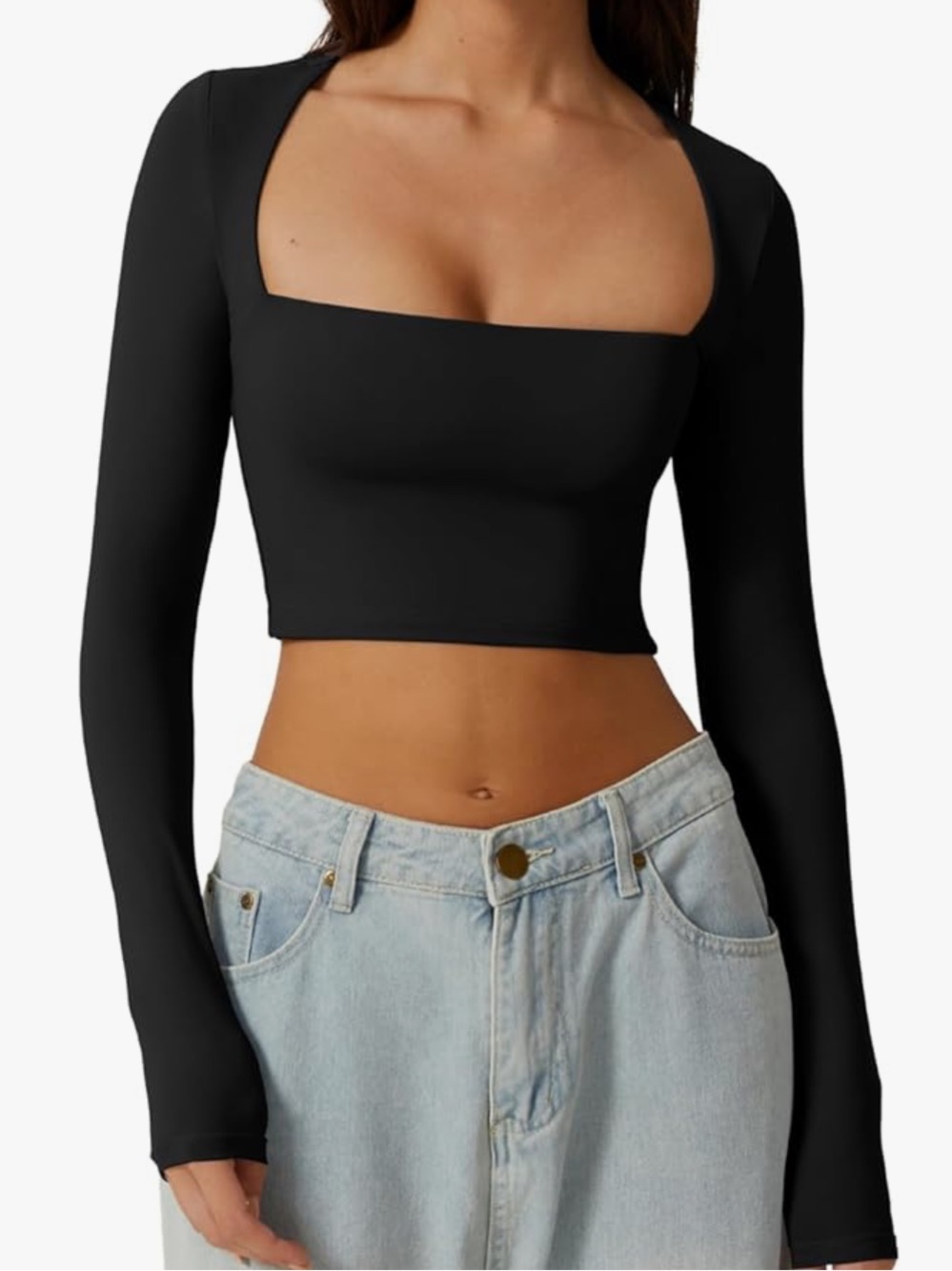 QINSEN Women's Sexy Square Neck Crop Top Long Sleeve Slim Fit Cropped T Shirts